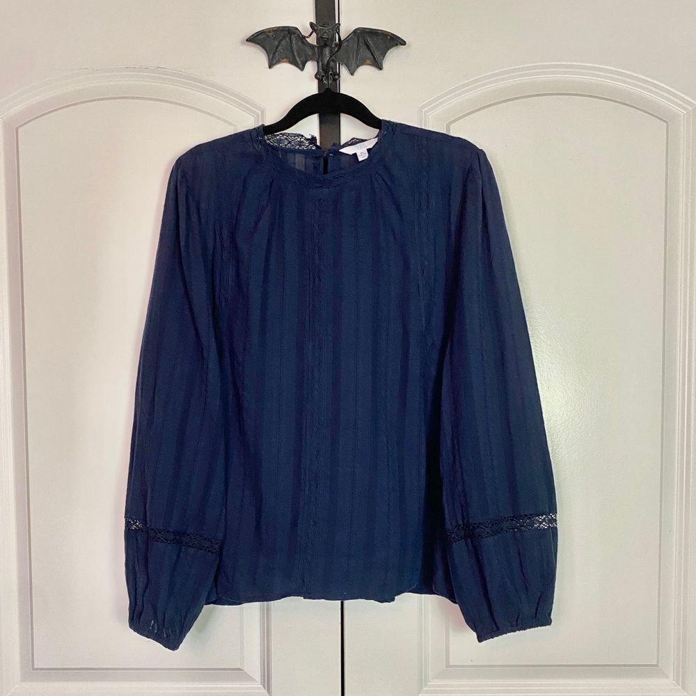 Cottagecore Blouse Navy Blue High Neck Elegant Crochet Lace Accents size 16-18 - Picture 6 of 15